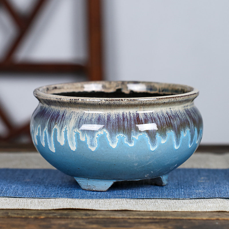 Blue Flowing Glaze Terracotta Plant Pot Indoor Outdoor Planter