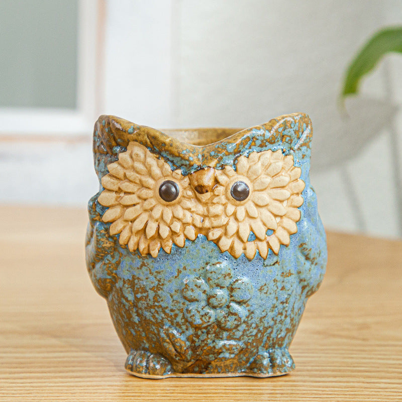 Blue Owl Glazed Plant Pot Decorative Indoor Planter ,  Model 4