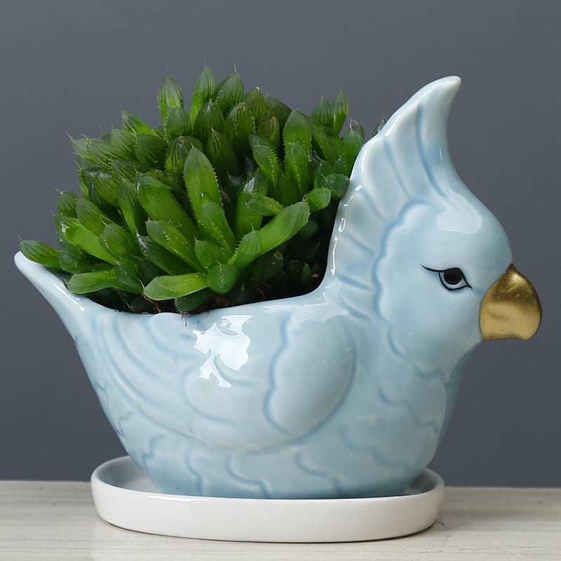 Lovely Blue Parrot Mini Plant Pot Creative Indoor Planter Animal Decor