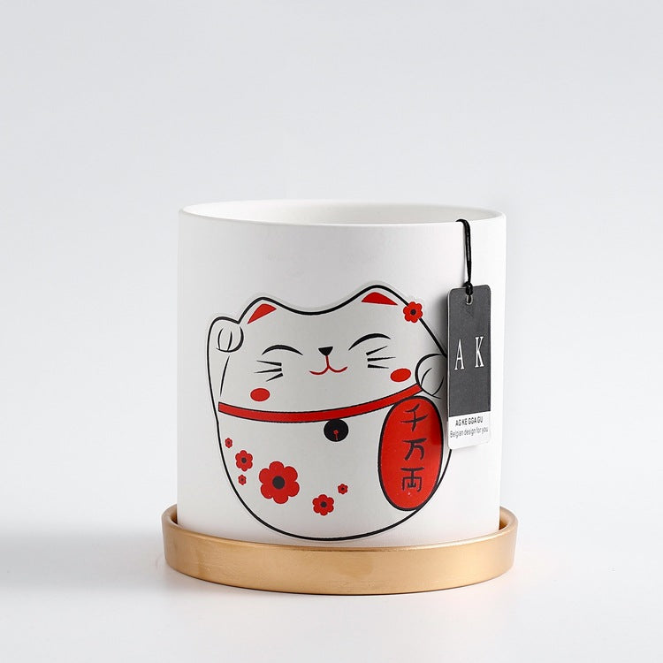 White & Red Lucky Cat Sticker Cylinder Plant Pots Indoor Flowerpots Planters