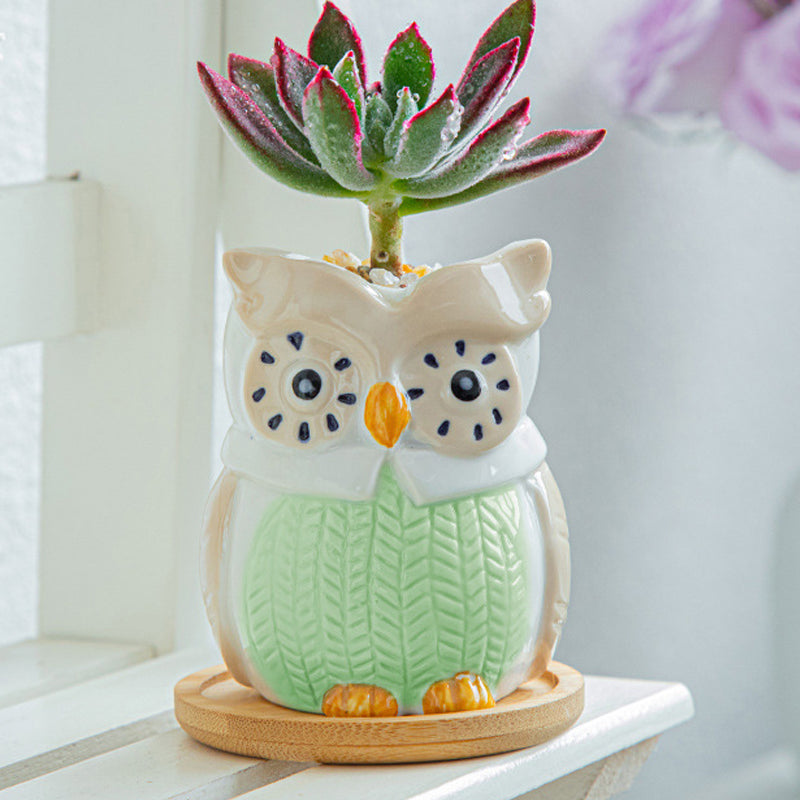 White Owl Glazed Plant Pot Indoor Planter With Tray , Green Clothes