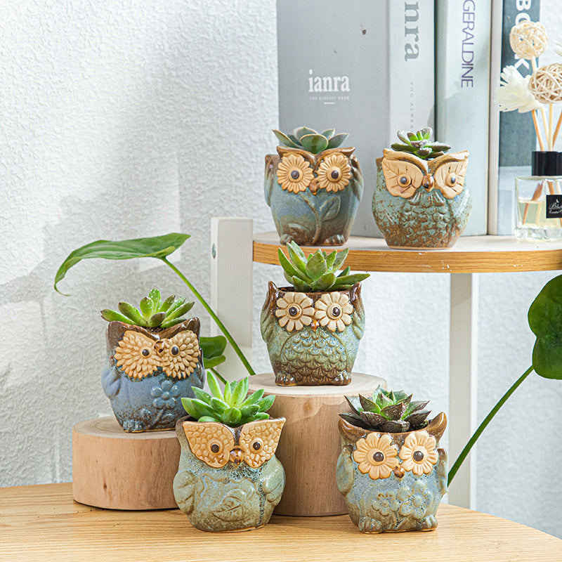 Blue Owl Glazed Plant Pot Decorative Indoor Planter ,  Model 4