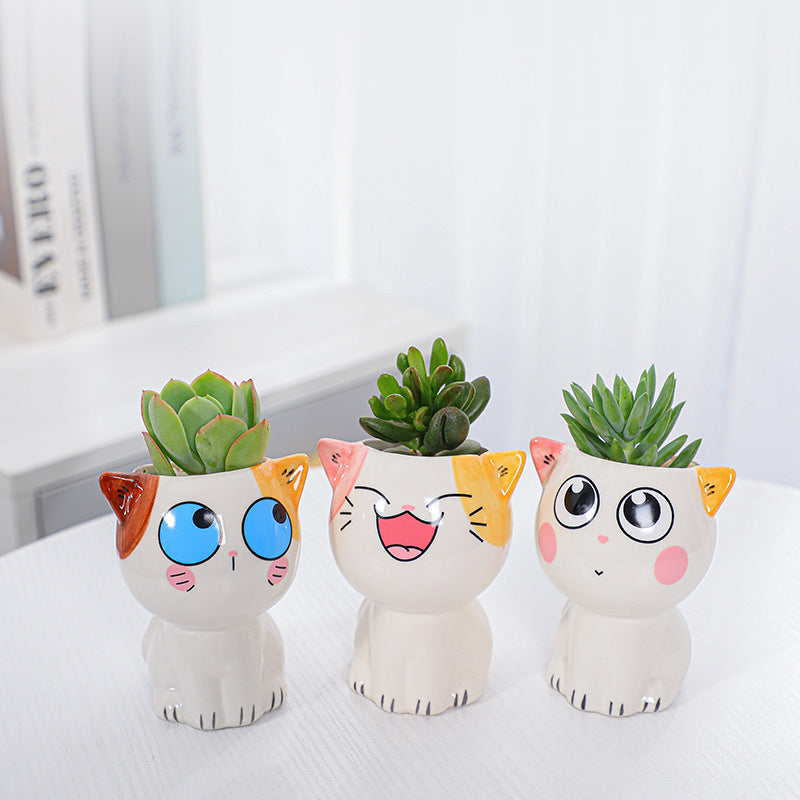 White Mini Cute Kitten Glazed Plant Pot , Model 4