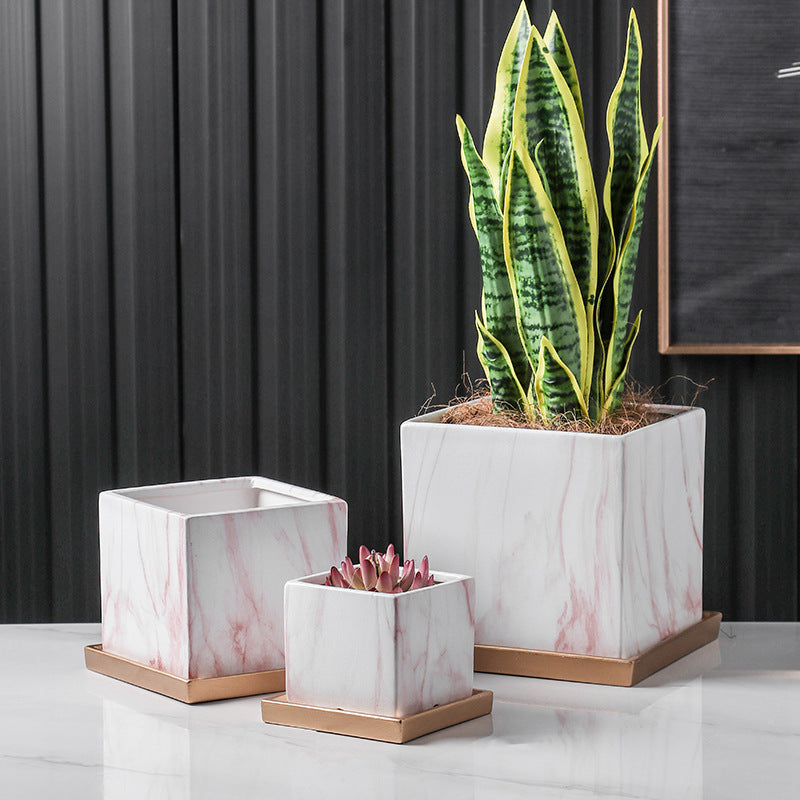 White Pink Texture Square Plant Pots Indoor Flowerpots Planters