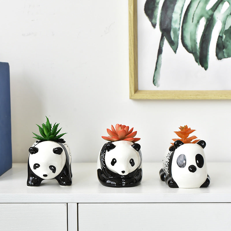 White Mini Cute Panda Glazed Plant Pot , Model 2