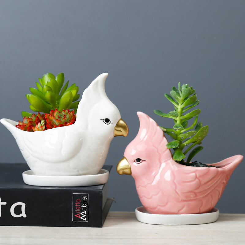 Lovely Pink Parrot Mini Plant Pot Creative Indoor Planter Animal Decor