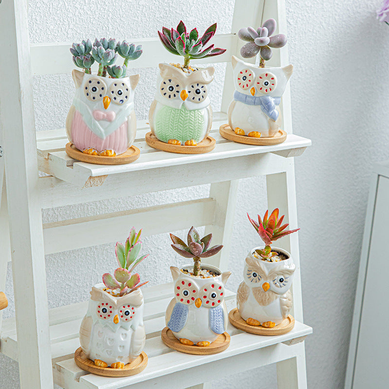 White Owl Glazed Plant Pot Indoor Planter With Tray , Green Clothes