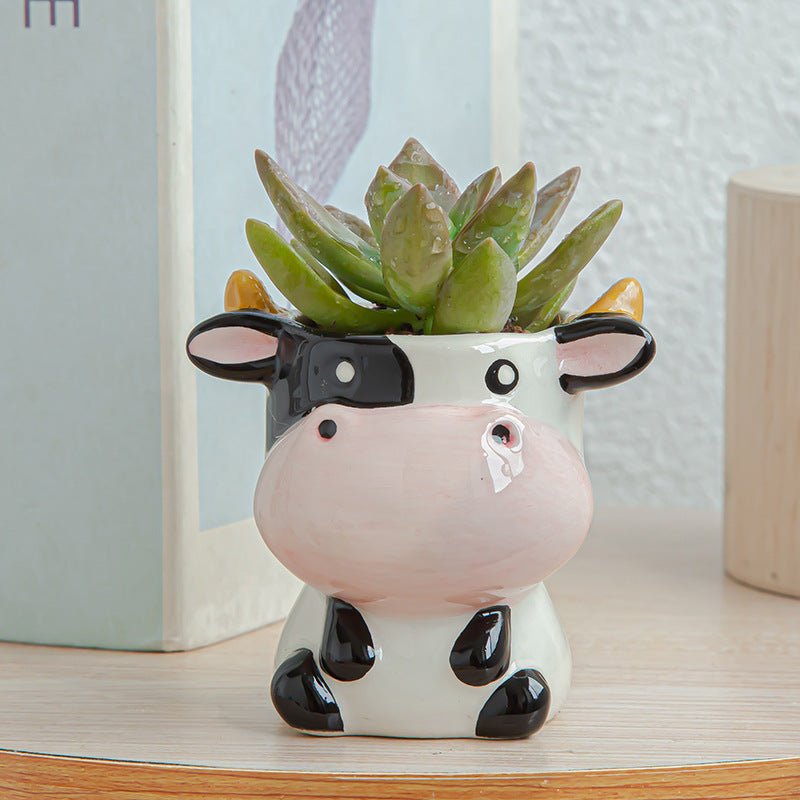 Cow Ceramic Plant Pot Lovely Mini Ornament Indoor Planter Home Decor Gifts