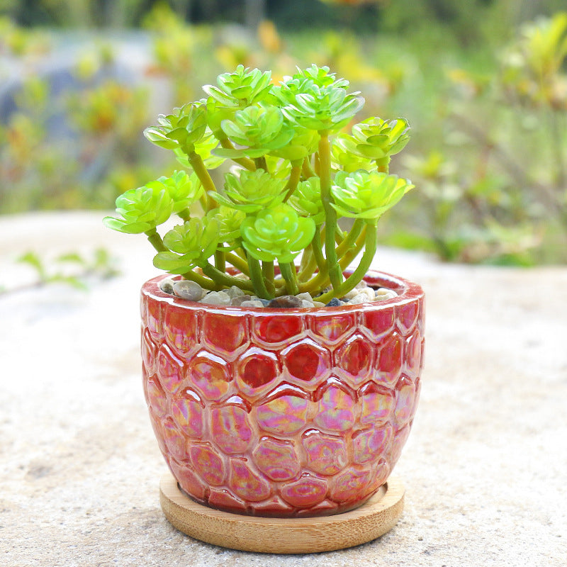 Red Honeycomb Texture Plant Pot Retro Creative Planter Home Garden Decor