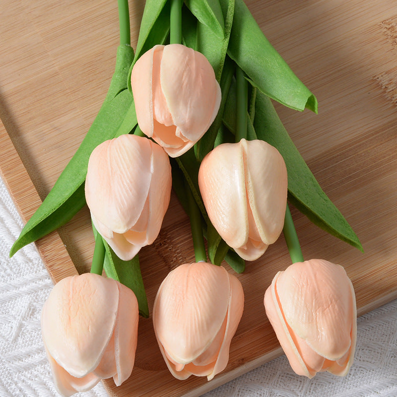 Artificial Cream Pink Tulip Flowers PU Faux Tulip Home Office Wedding Decor