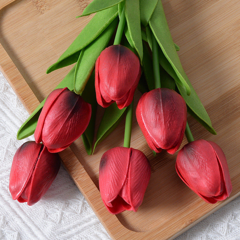 Artificial Claret Red Tulip Flowers PU Faux Tulip Home Office Wedding Decor