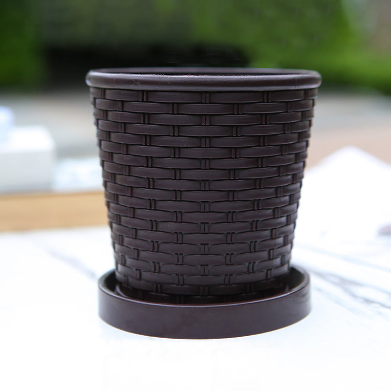 Dark Brown Imitation Bamboo Woven Plant Pot PP Resin Planter Home Garden Decor