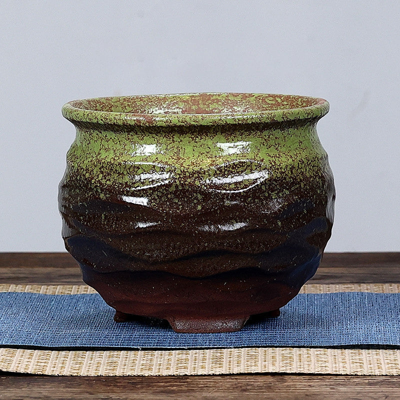 Green Brown Glazed Terracotta Plant Pot Round Ceramic Succulent Planter