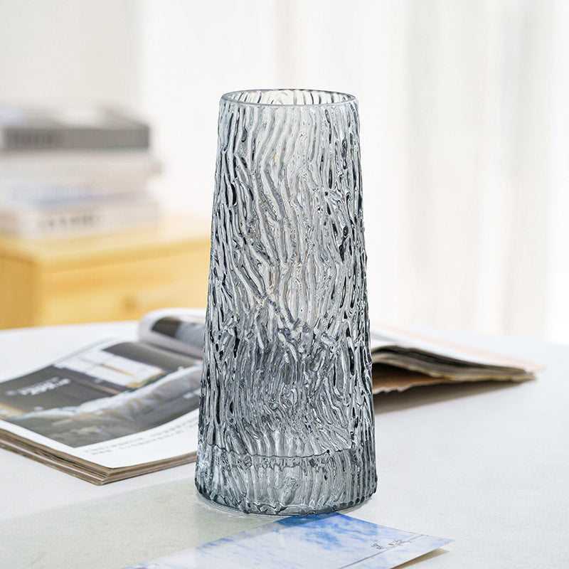 Bark Texture Grey Glass Vase Trapezoidal Flower Vase Home Table Decor