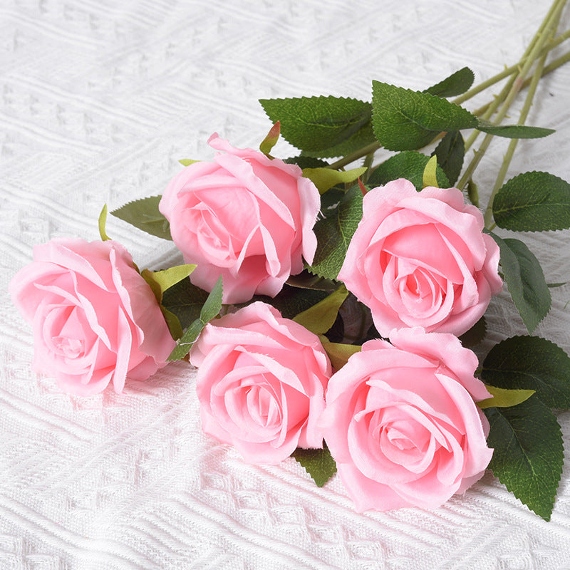 Pink Rose Artificial Flowers Long Stem Fake Silk Single Rose Floral Arrangement