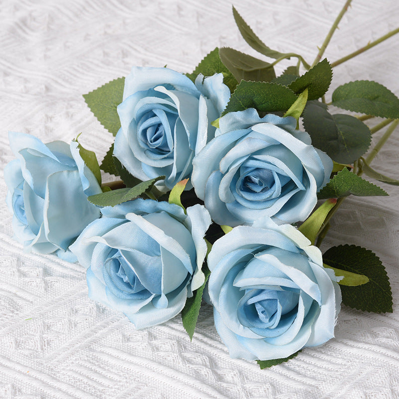 Blue Rose Artificial Flowers Long Stem Fake Silk Single Rose Floral Arrangement