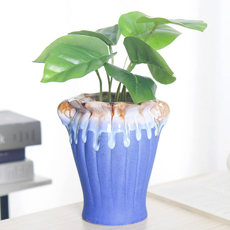 Blue Flowing Glaze Creative Plant Pot Succulent Planter Home Garden Decor