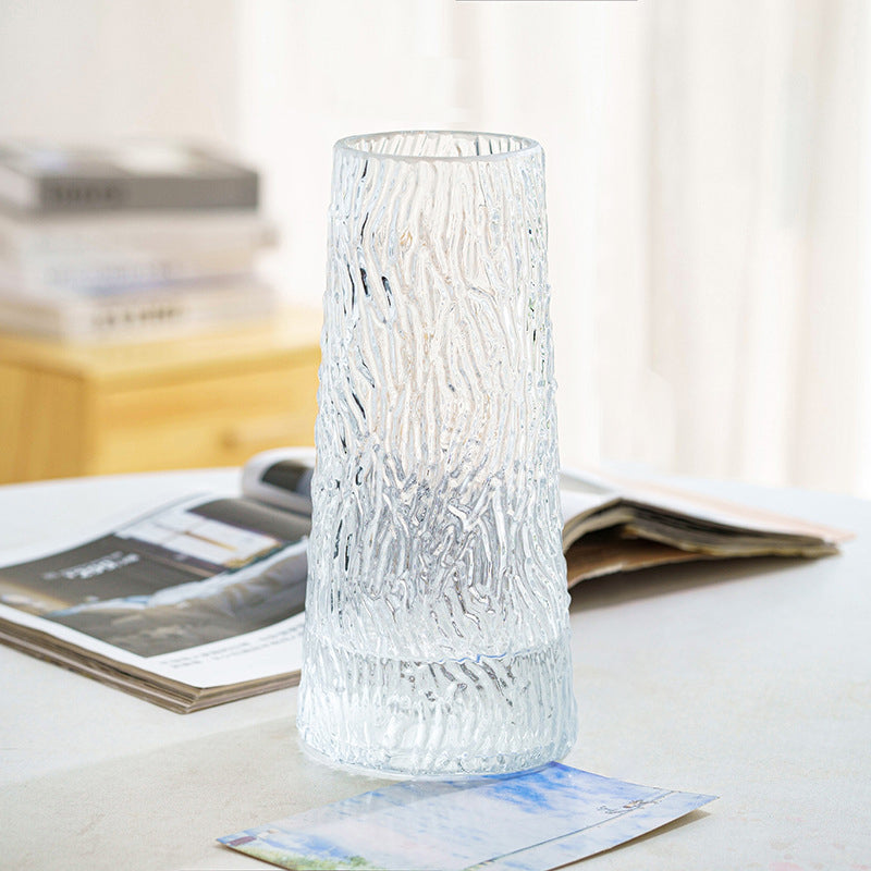 Bark Texture Clear Glass Vase Trapezoidal Flower Vase Home Table Decor