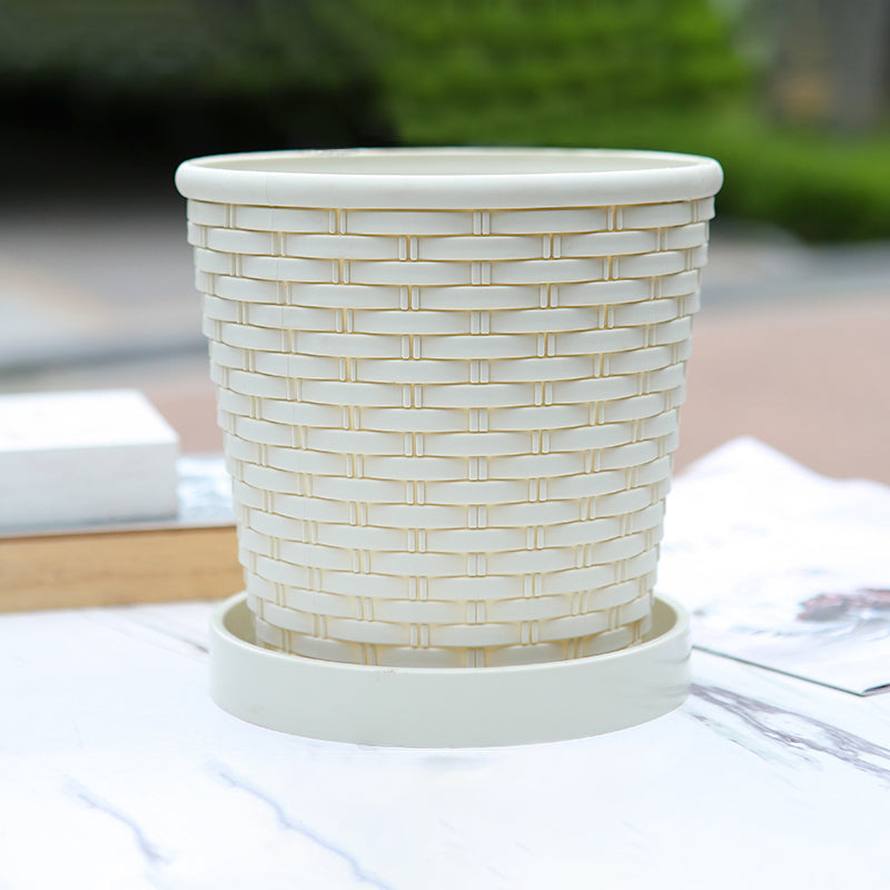 Beige Imitation Bamboo Woven Plant Pot PP Resin Planter Home Garden Decor