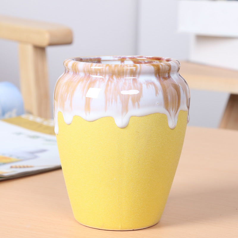 Yellow Flowing Glaze Plant Pot Creative Ceramic Planter Indoor Outdoor Flowerpot