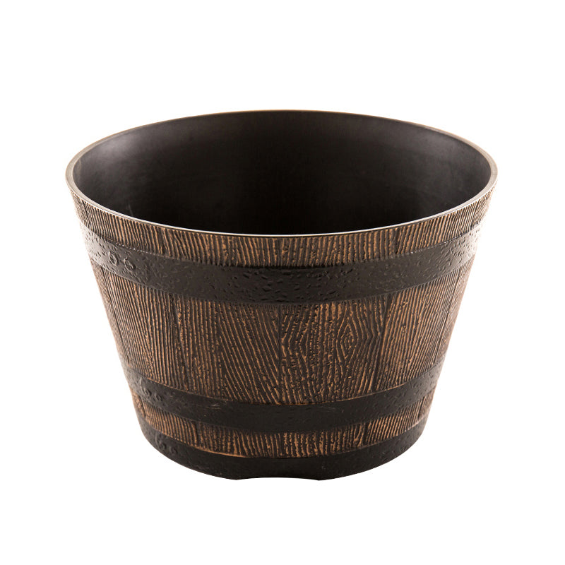 Brown Imitation Wooden Barrel Plant Pot With Drainage Holes Outdoor Planter