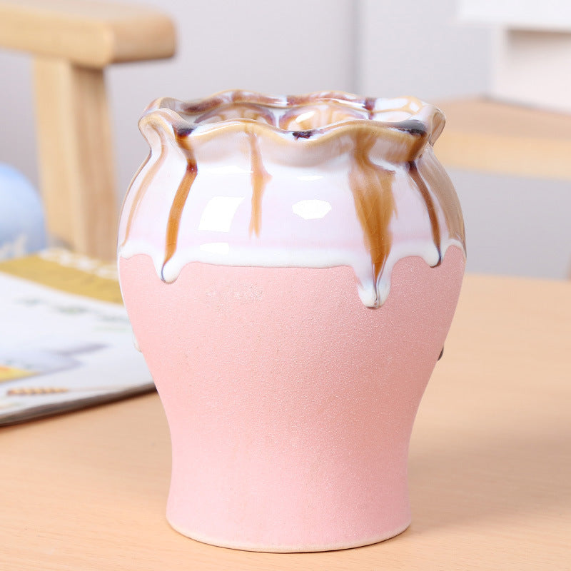 Pink Flowing Glaze Plant Pot Creative Ceramic Planter Indoor Outdoor Flowerpot