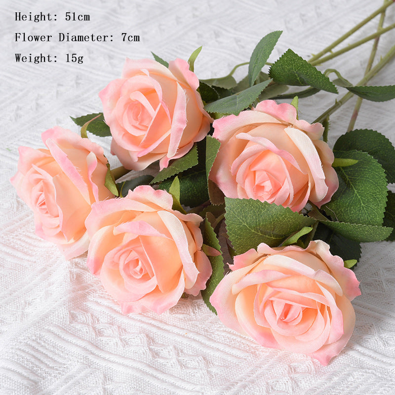 Pink Champagne Rose Artificial Flowers Long Stem Fake Silk Single Rose Floral Arrangement