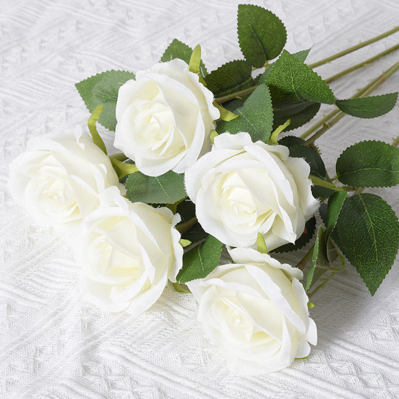 White Rose Artificial Flowers Long Stem Fake Silk Single Rose Floral Arrangement