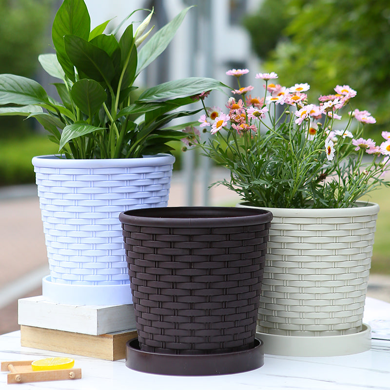 White Imitation Bamboo Woven Plant Pot PP Resin Planter Home Garden Decor