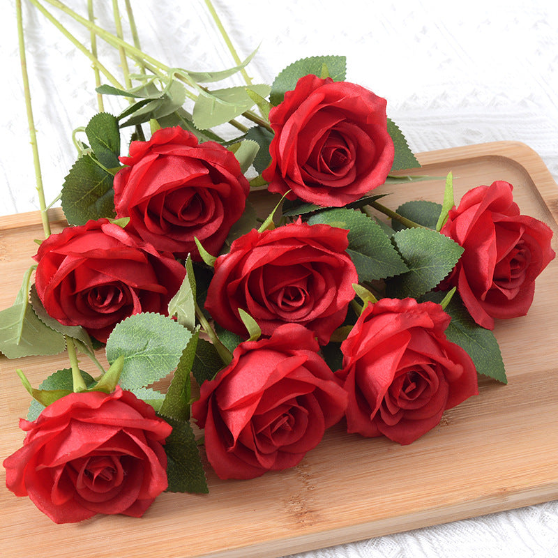 Red Rose Artificial Flowers Long Stem Fake Silk Single Rose Floral Arrangement