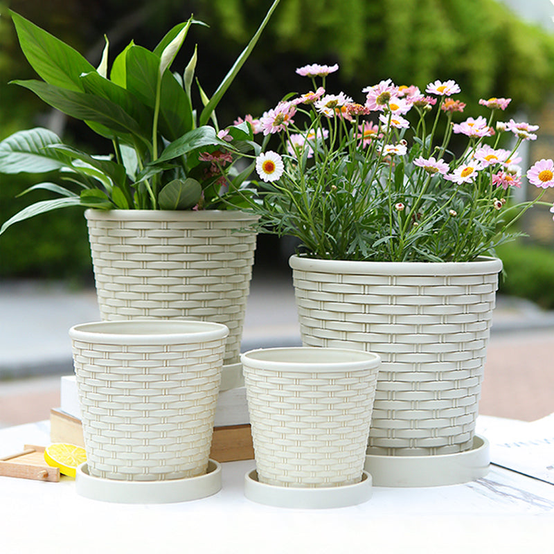 Beige Imitation Bamboo Woven Plant Pot PP Resin Planter Home Garden Decor