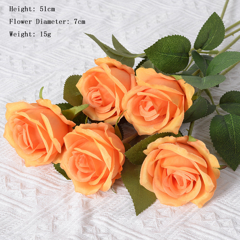 Orange Rose Artificial Flowers Long Stem Fake Silk Single Rose Floral Arrangement