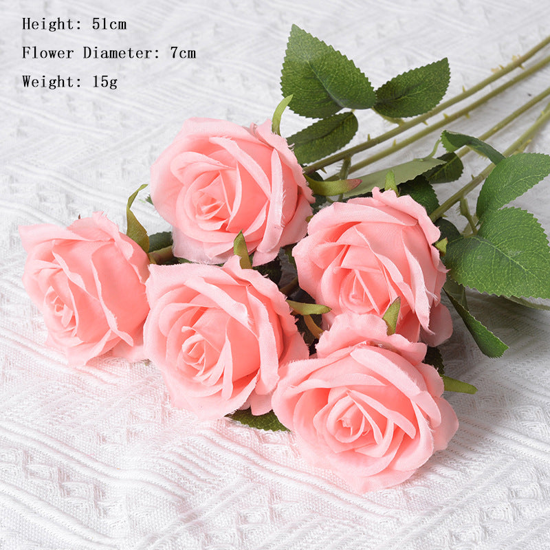 Coral Powder Rose Artificial Flowers Long Stem Fake Silk Single Rose Floral Arrangement