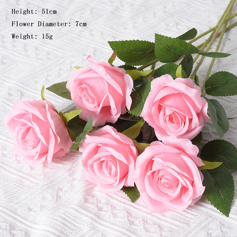 Pink Rose Artificial Flowers Long Stem Fake Silk Single Rose Floral Arrangement