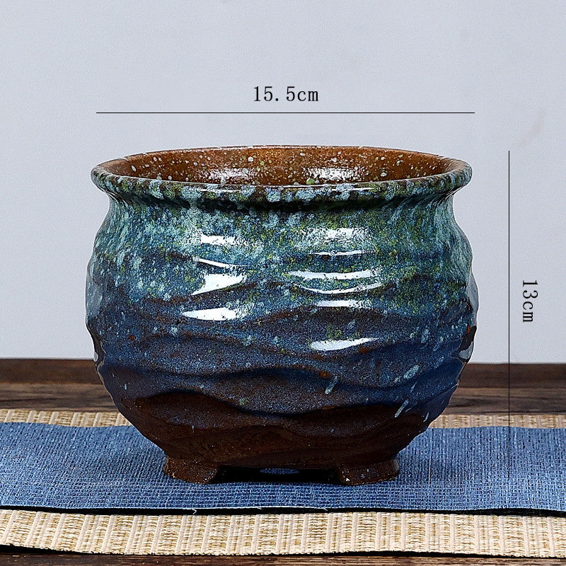 Blue Green Glazed Terracotta Plant Pot Round Ceramic Succulent Planter