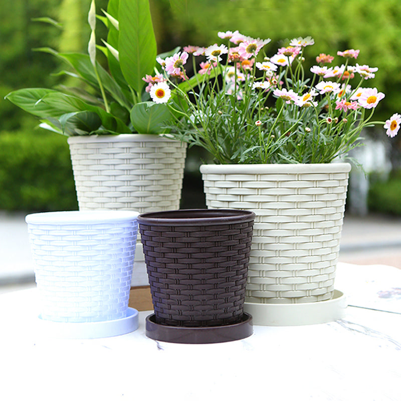 White Imitation Bamboo Woven Plant Pot PP Resin Planter Home Garden Decor