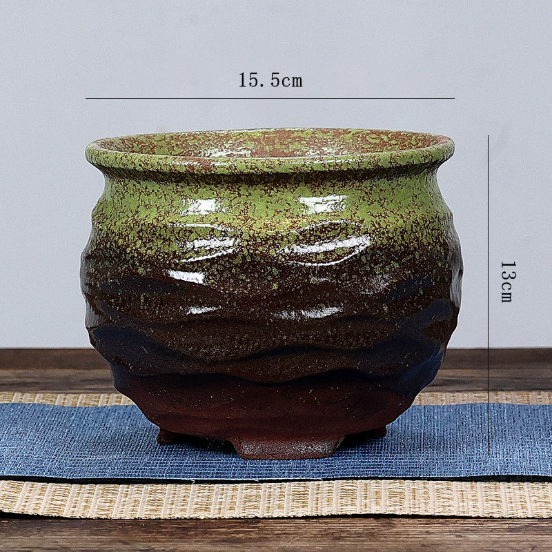 Green Brown Glazed Terracotta Plant Pot Round Ceramic Succulent Planter