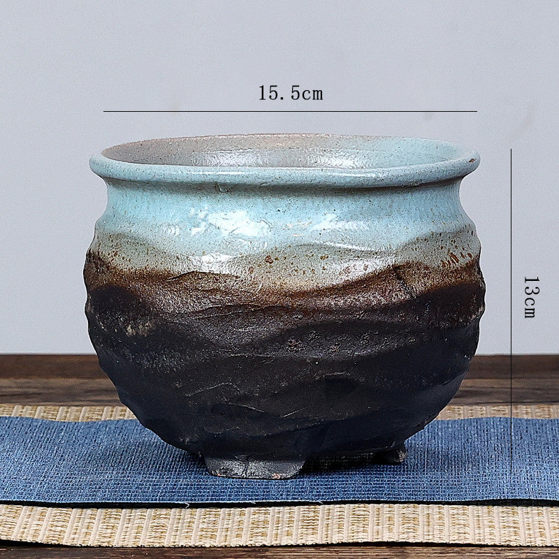 Blue Brown Glazed Terracotta Plant Pot Round Ceramic Succulent Planter