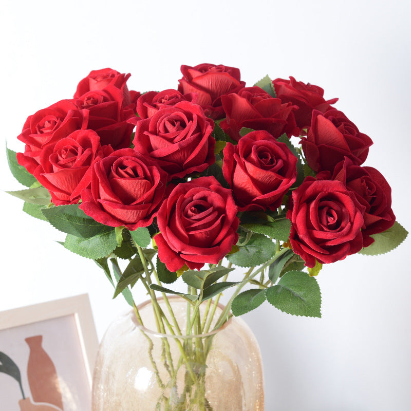 Red Rose Artificial Flowers Long Stem Fake Silk Single Rose Floral Arrangement