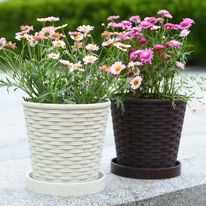 Beige Imitation Bamboo Woven Plant Pot PP Resin Planter Home Garden Decor