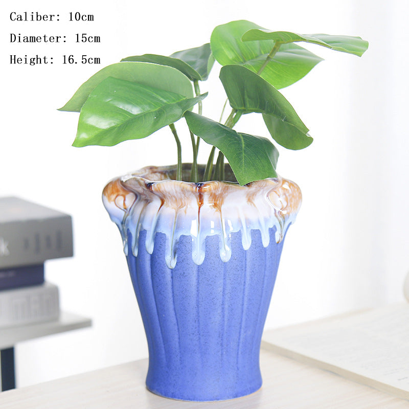 Blue Flowing Glaze Creative Plant Pot Succulent Planter Home Garden Decor