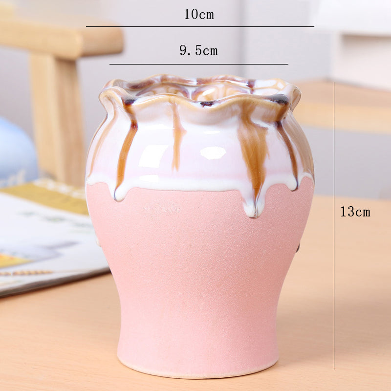 Pink Flowing Glaze Plant Pot Creative Ceramic Planter Indoor Outdoor Flowerpot