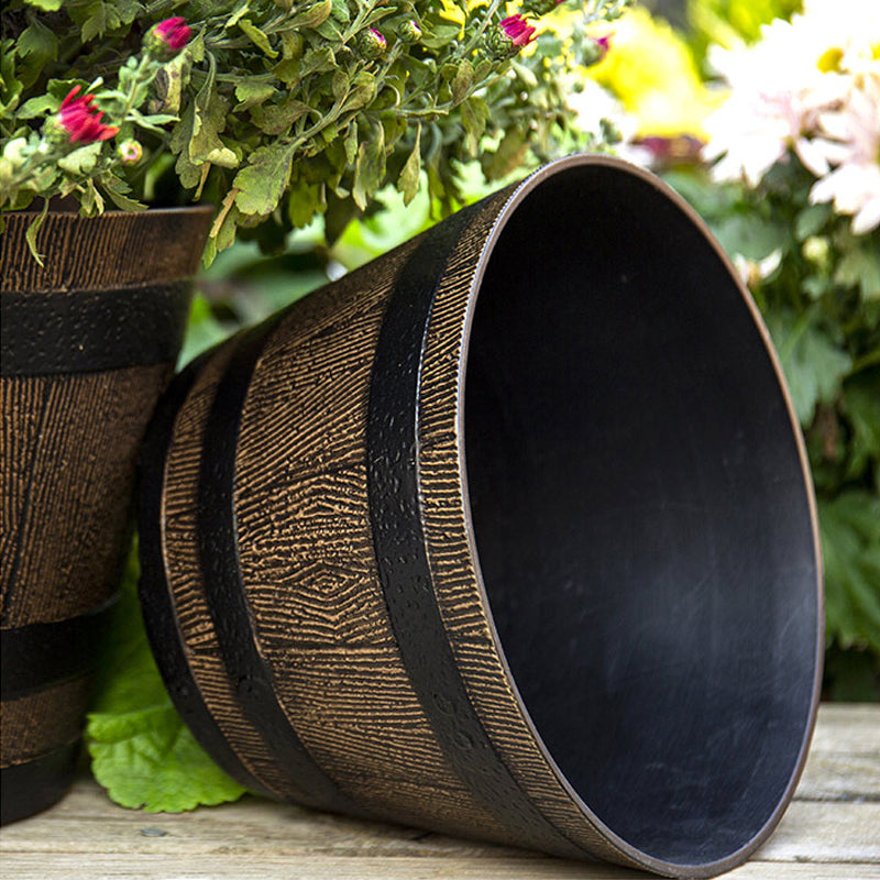 Brown Imitation Wooden Barrel Plant Pot With Drainage Holes Outdoor Planter