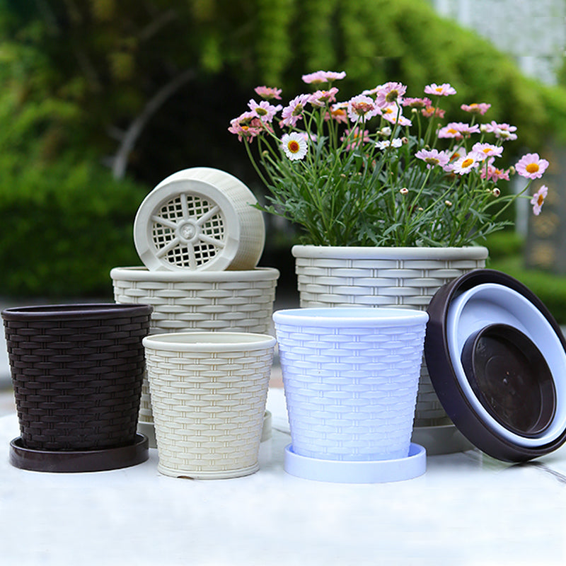 Beige Imitation Bamboo Woven Plant Pot PP Resin Planter Home Garden Decor