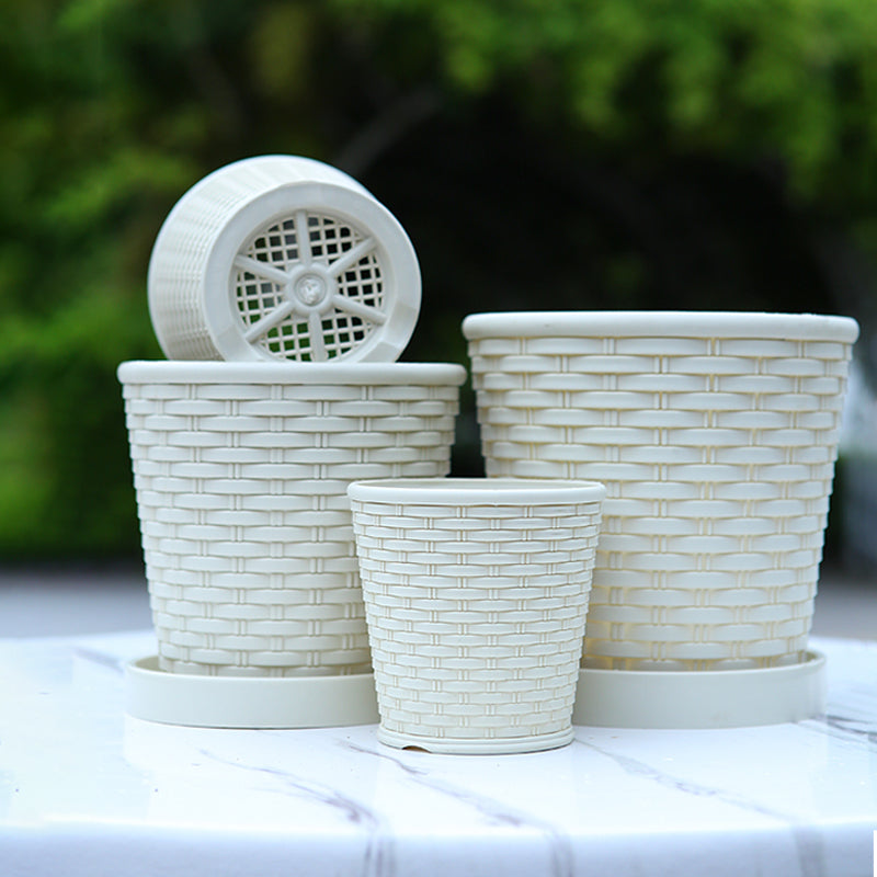 Beige Imitation Bamboo Woven Plant Pot PP Resin Planter Home Garden Decor