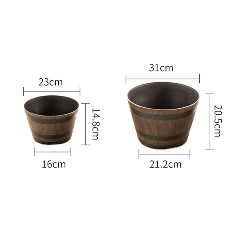 Brown Imitation Wooden Barrel Plant Pot With Drainage Holes Outdoor Planter