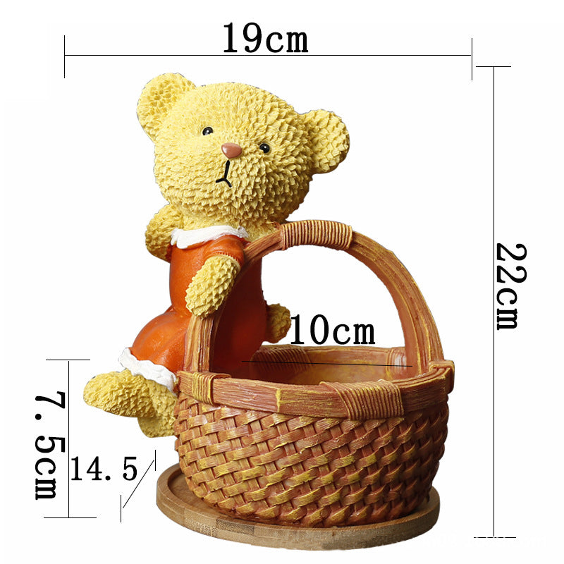 Orange Clothes Bear Brown Basket Mini Resin Plant Pot With Bamboo Holder