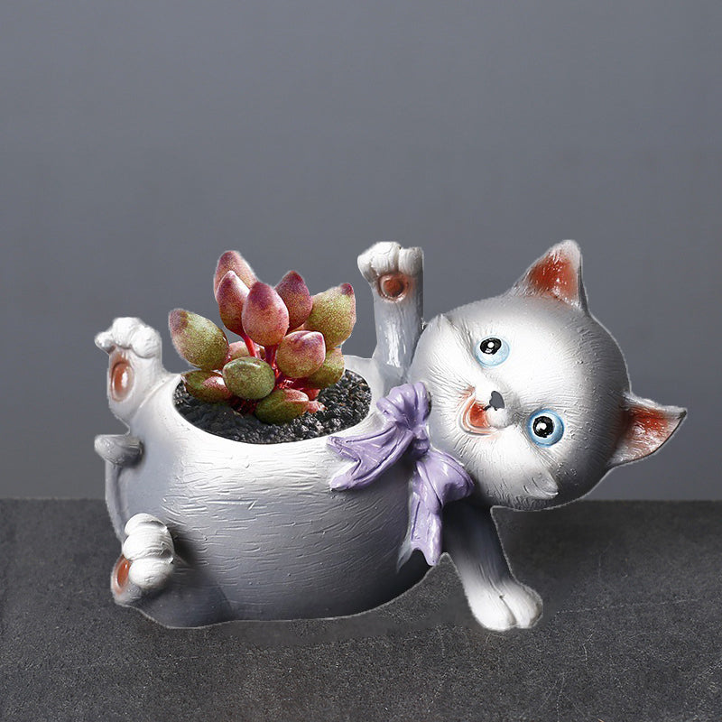 Resin Grey Cat Plant Pots Mini Decorative Succulent Planters