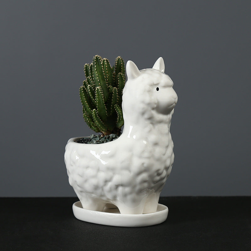 Lovely White Alpaca Plant Pot With Tray Creative Indoor Planter Animal Decor