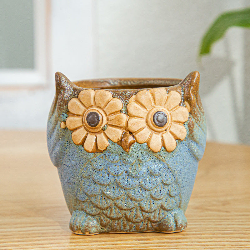 Blue Owl Glazed Plant Pot Decorative Indoor Planter ,  Model 3